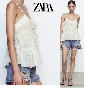 Zara White Lace Eyelet Babydoll Top Blouse Spaghetti Strap Sz L NWOT bohemian